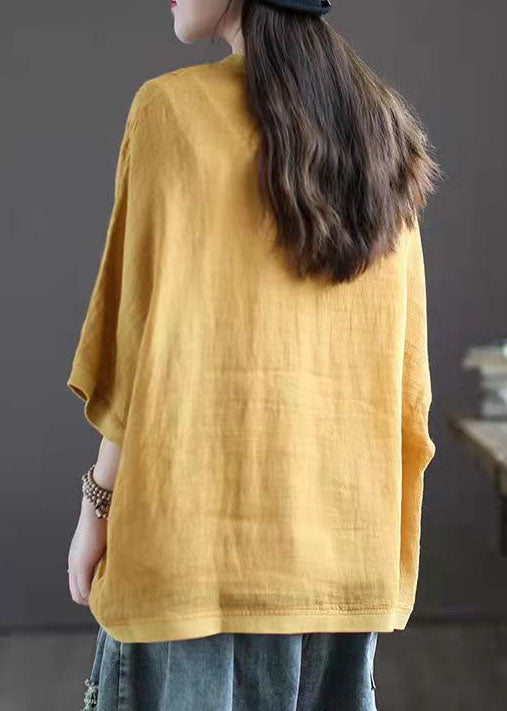 Plus Size Yellow V Neck Patchwork Linen Cardigan Summer