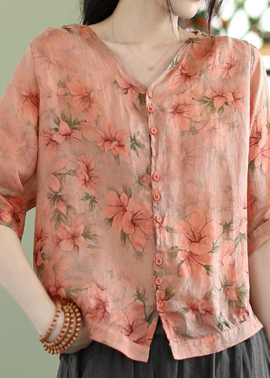 Plus Size Yellow V Neck Print Button Linen Shirt Half Sleeve
