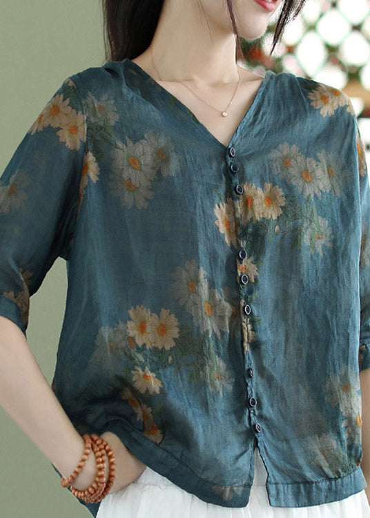 Plus Size Yellow V Neck Print Button Linen Shirt Half Sleeve
