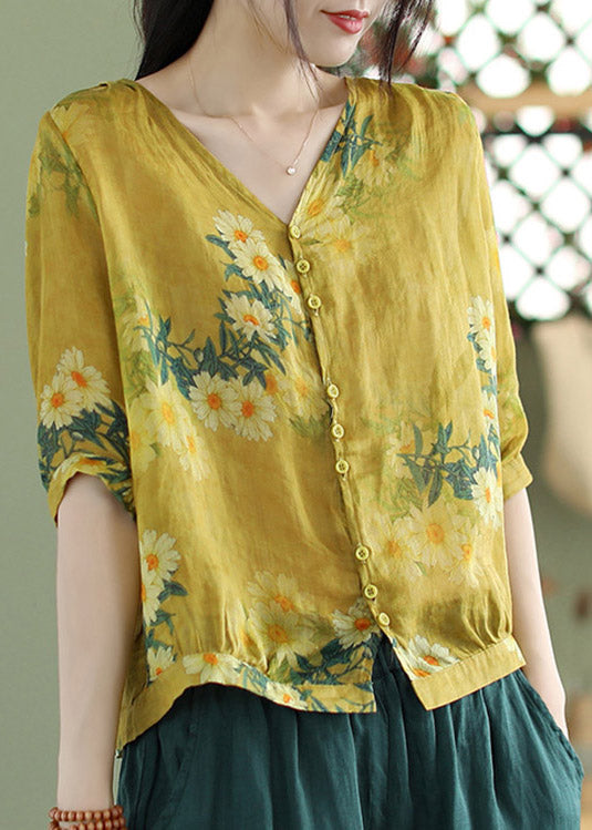 Plus Size Yellow V Neck Print Button Linen Shirt Half Sleeve