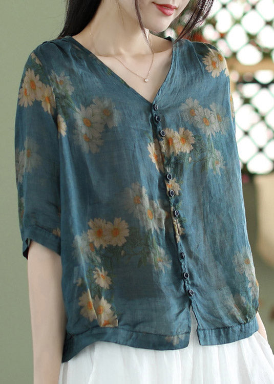 Plus Size Yellow V Neck Print Button Linen Shirt Half Sleeve