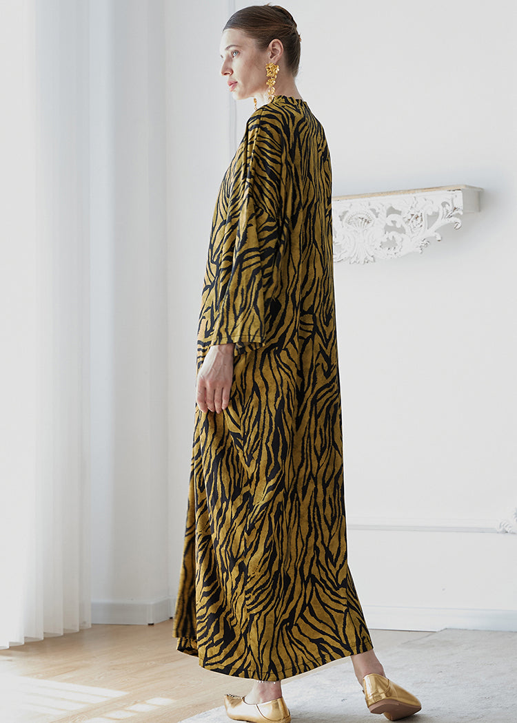 Plus Size Yellow V Neck Print Patchwork Silk Robe Dresses Fall