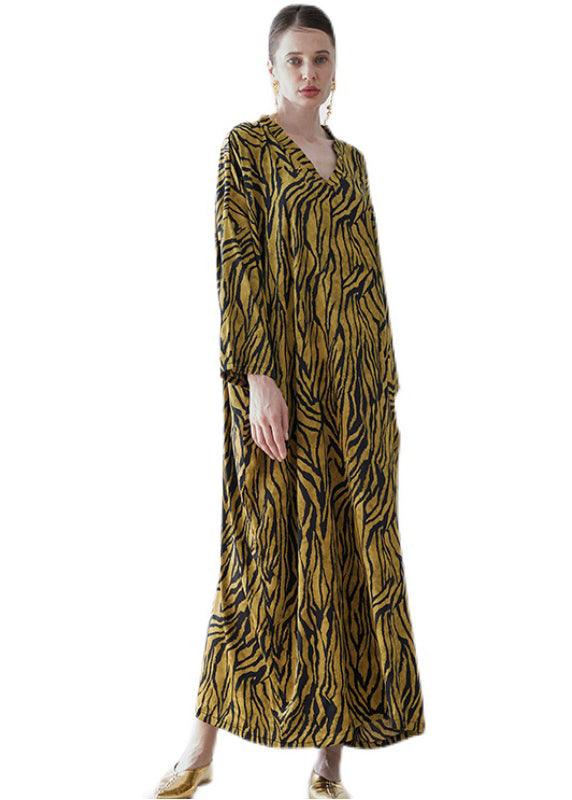 Plus Size Yellow V Neck Print Patchwork Silk Robe Dresses Fall