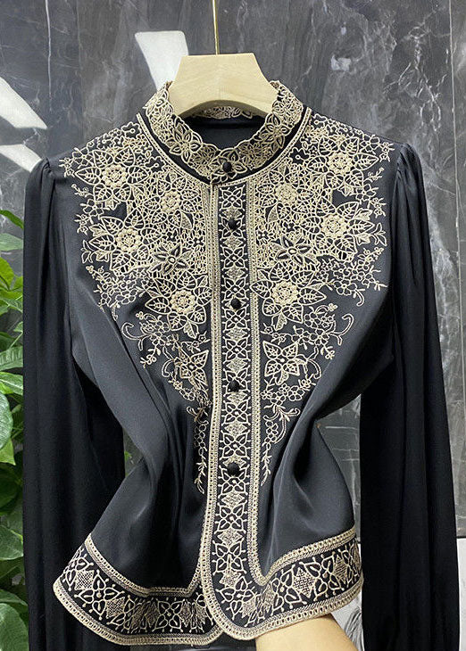 Plus Size Black Button Stand Collar Embroidered Silk Shirt Long Sleeve