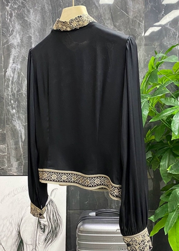 Plus Size Black Button Stand Collar Embroidered Silk Shirt Long Sleeve