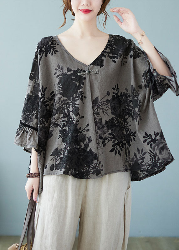 Plus Size black button V Neck print Blouses flare sleeve