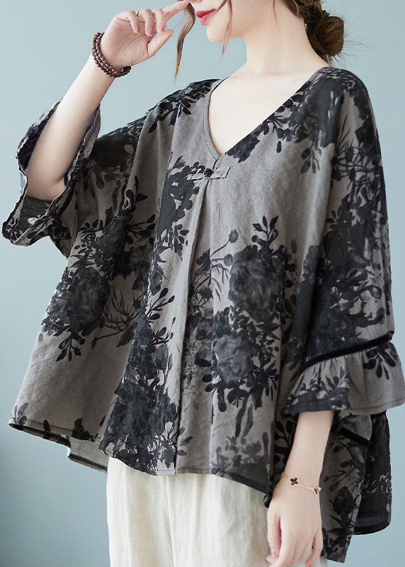 Plus Size black button V Neck print Blouses flare sleeve