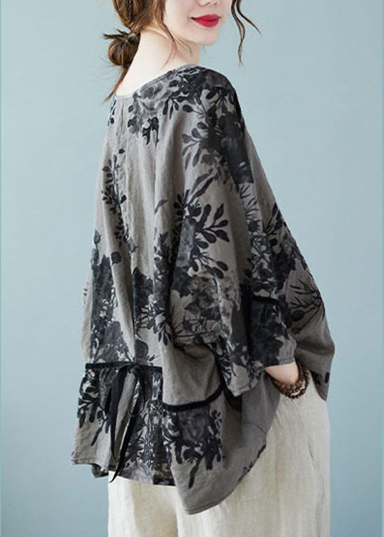 Plus Size black button V Neck print Blouses flare sleeve