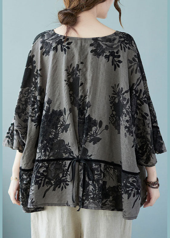 Plus Size black button V Neck print Blouses flare sleeve