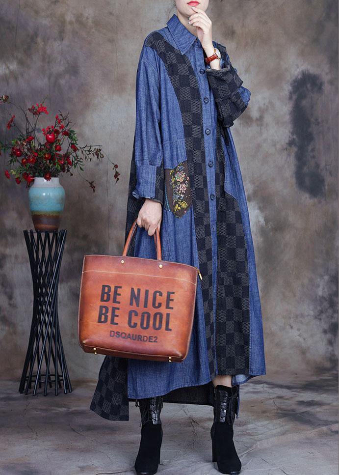 Plus Size denim blue Patchwork Plaid asymmetrical design Fall Coats - Omychic