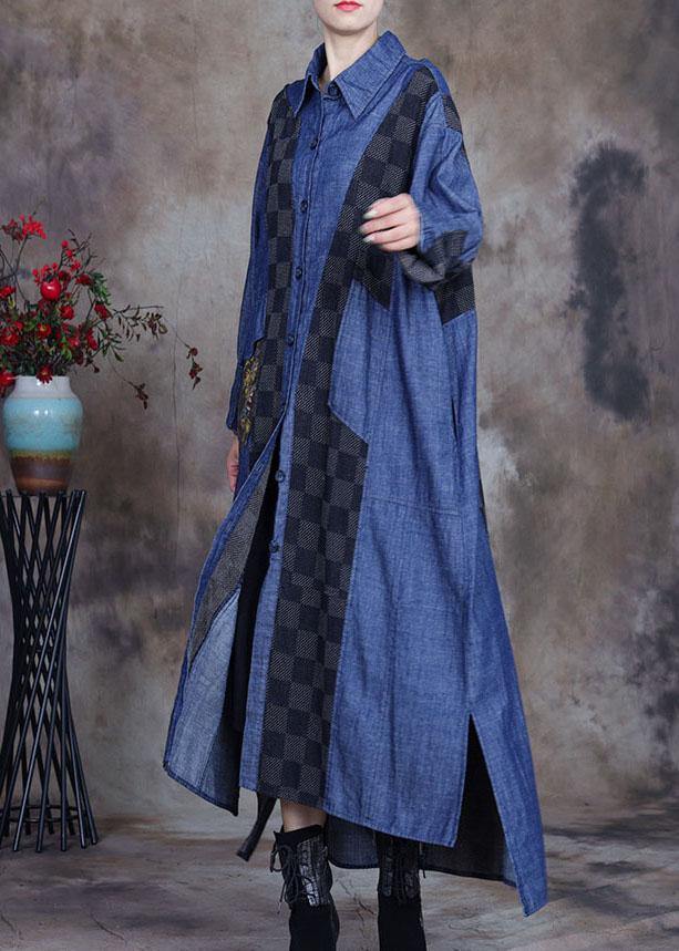 Plus Size denim blue Patchwork Plaid asymmetrical design Fall Coats - Omychic