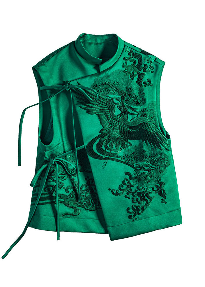 Plus size Green Stand Collar Embroideried Lacing Silk Vest Spring