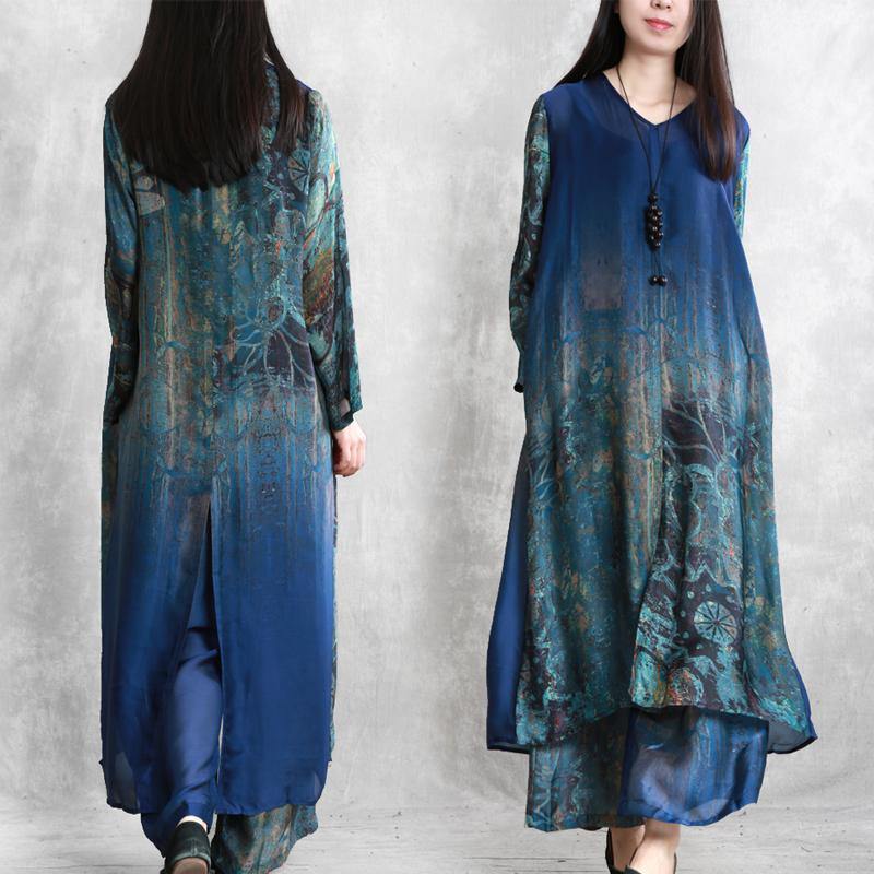 Plus size loose-blend silk blue printed suit women's V-neck shirt + wide-leg pants - Omychic