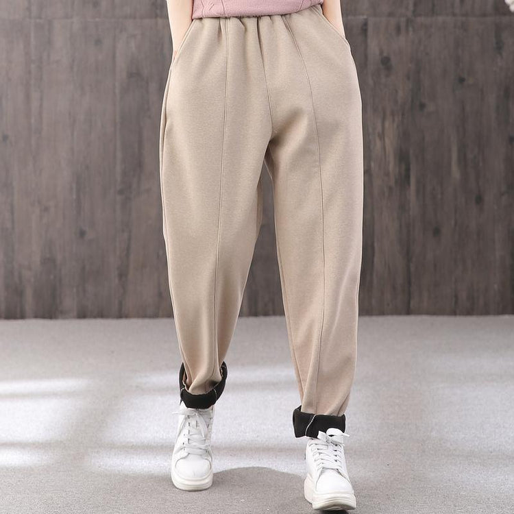 Plus velvet winter harem pants female elastic waist wild khaki warm casual pants - Omychic