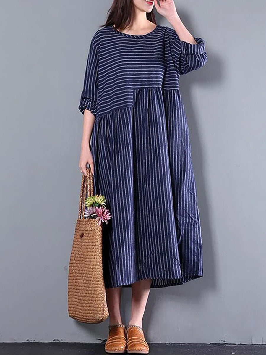 Plus Size Casual Loose Striped Long Dress Summer