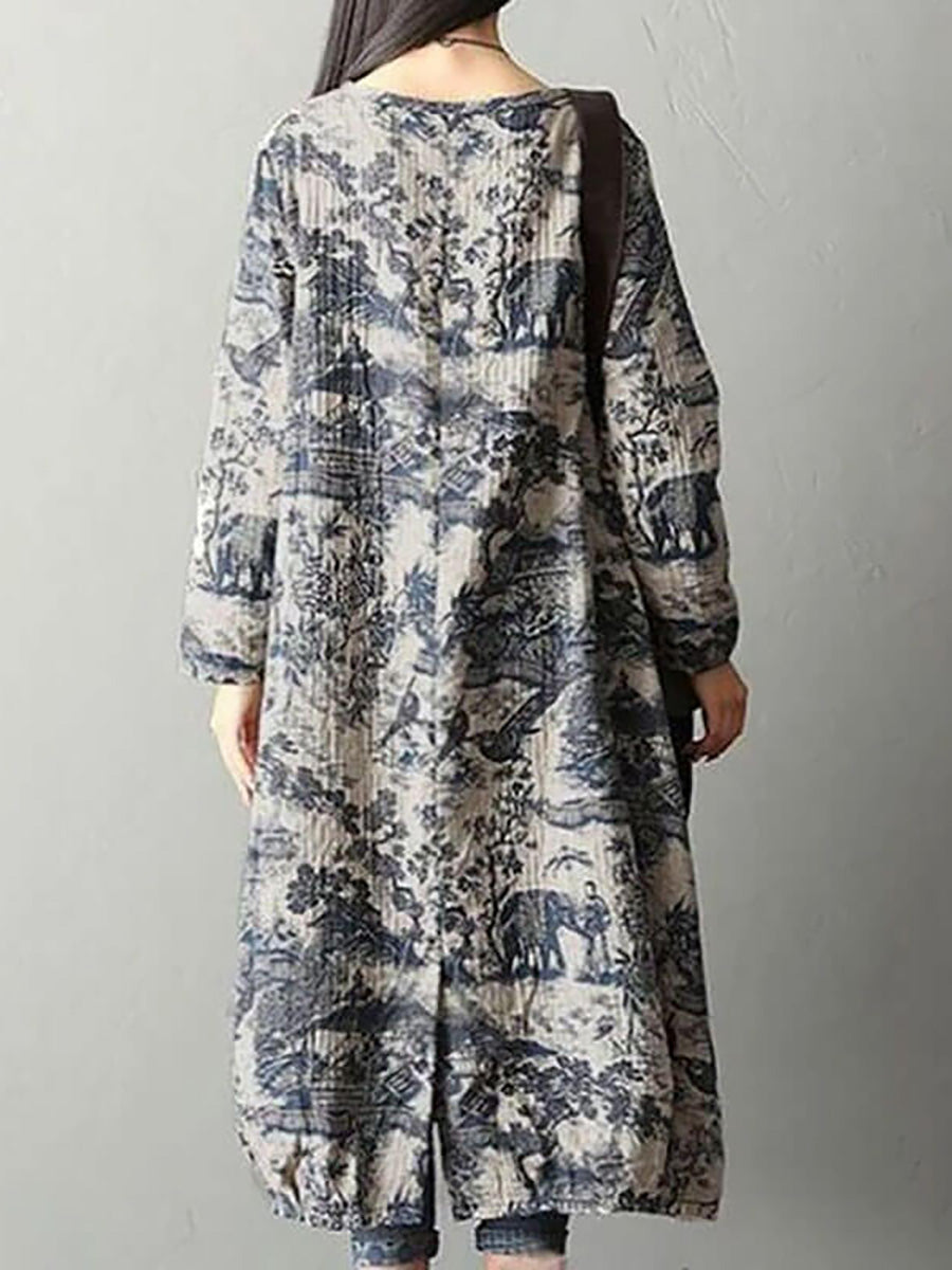 Loose Winter Printing Cotton Floral Robe Dress