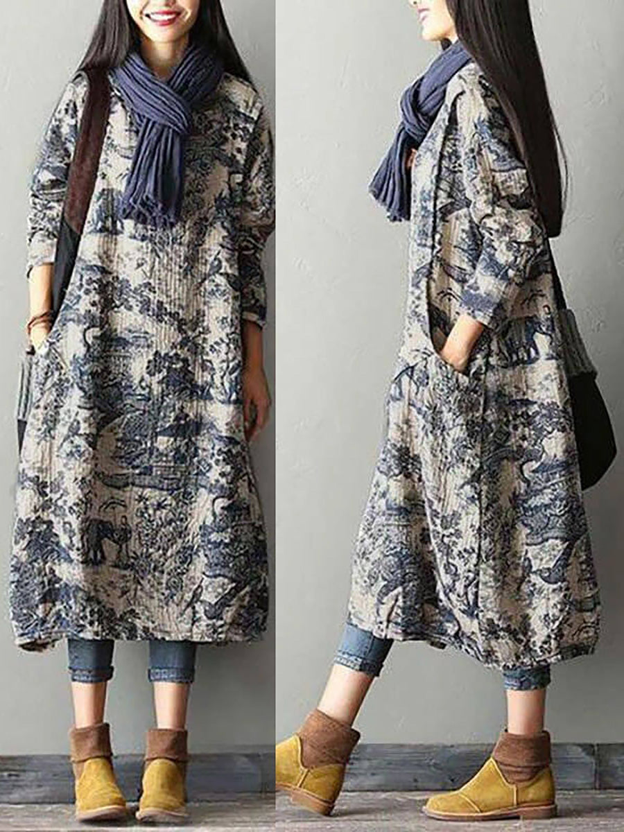 Loose Winter Printing Cotton Floral Robe Dress