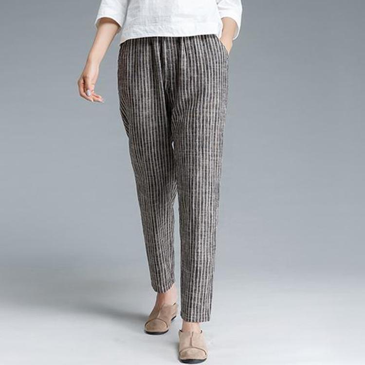 Plus Size Stripe Cotton Linen Women Pants - Omychic