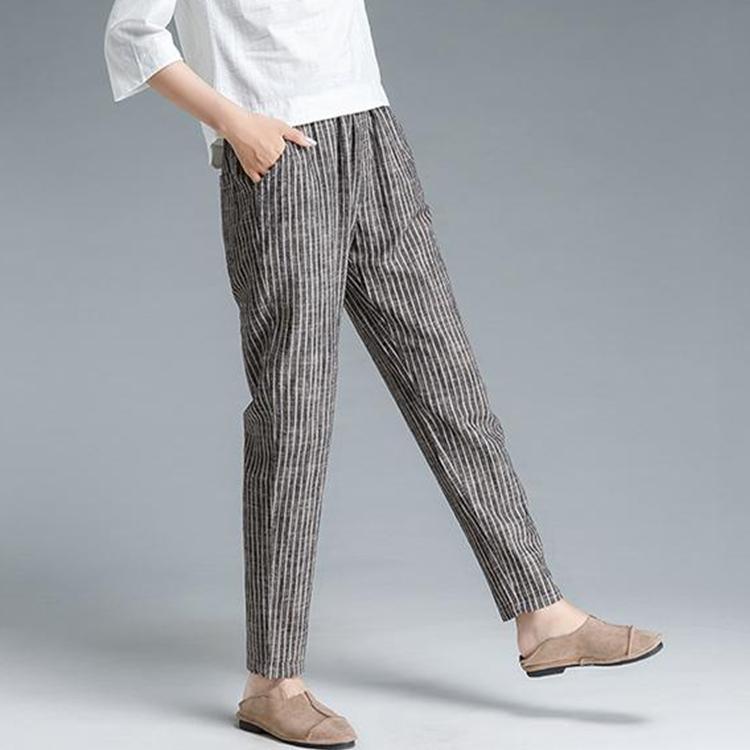 Plus Size Stripe Cotton Linen Women Pants - Omychic