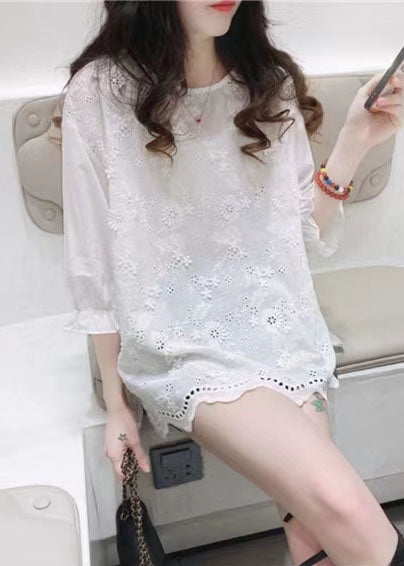 Plus Size White Jacquard Half Sleeve Cotton Blouse Top Summer ( Limited Stock)