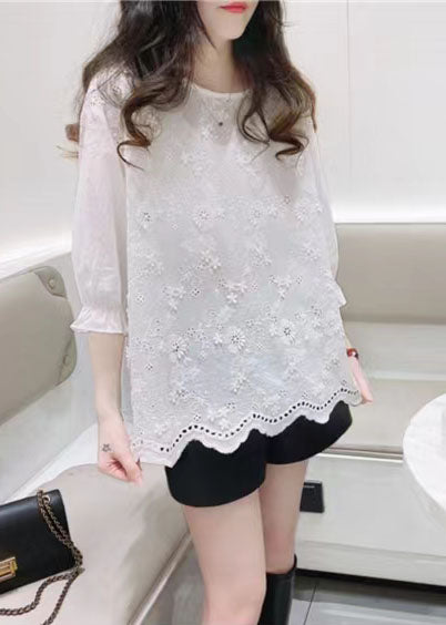 Plus Size White Jacquard Half Sleeve Cotton Blouse Top Summer ( Limited Stock)
