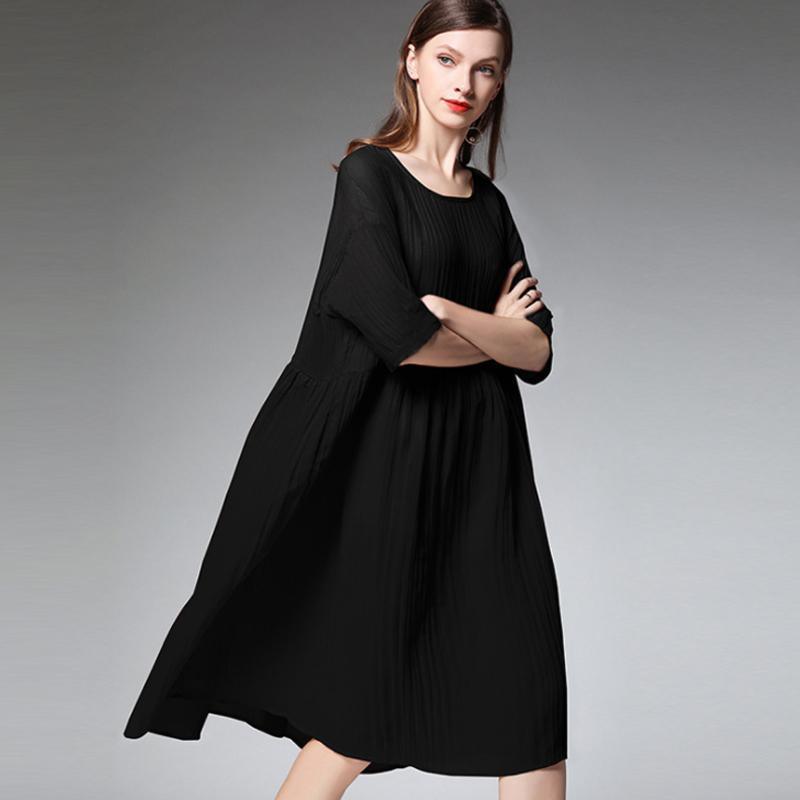 Plus Size Female Pleated Solid Color Midi Dress - Omychic