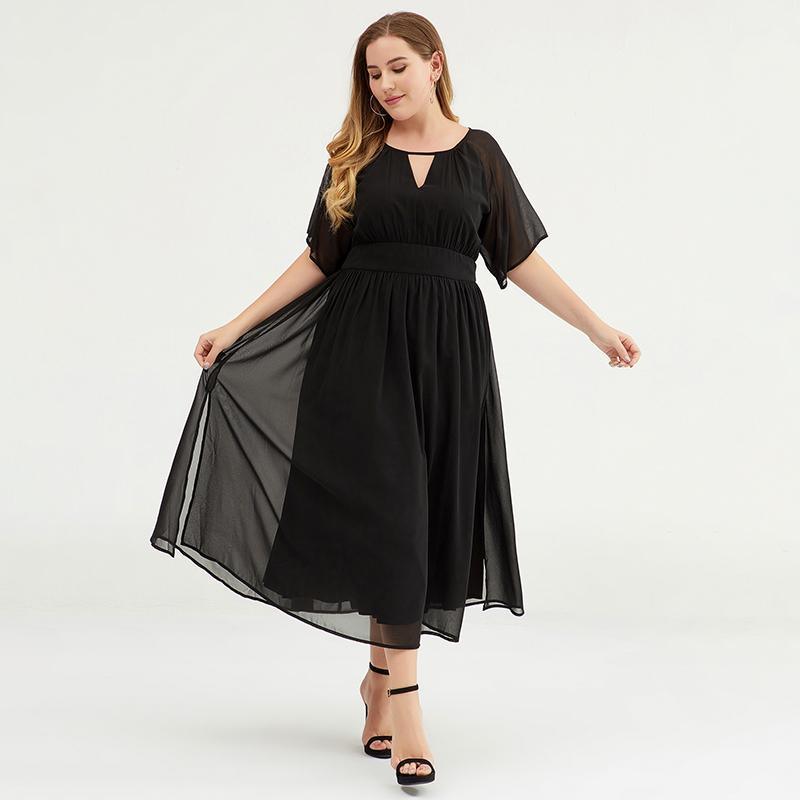 Plus Size Pure Color Chiffon Pleated Dress - Omychic