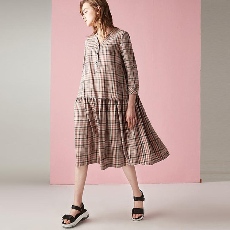Plus Size Splicing Plaid Pullover Loose Midi Dress - Omychic