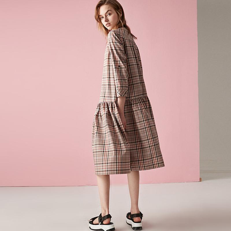 Plus Size Splicing Plaid Pullover Loose Midi Dress - Omychic