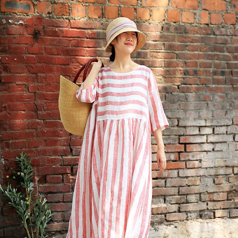 Plus Size Stripes Spliced Round Collar Dress - Omychic