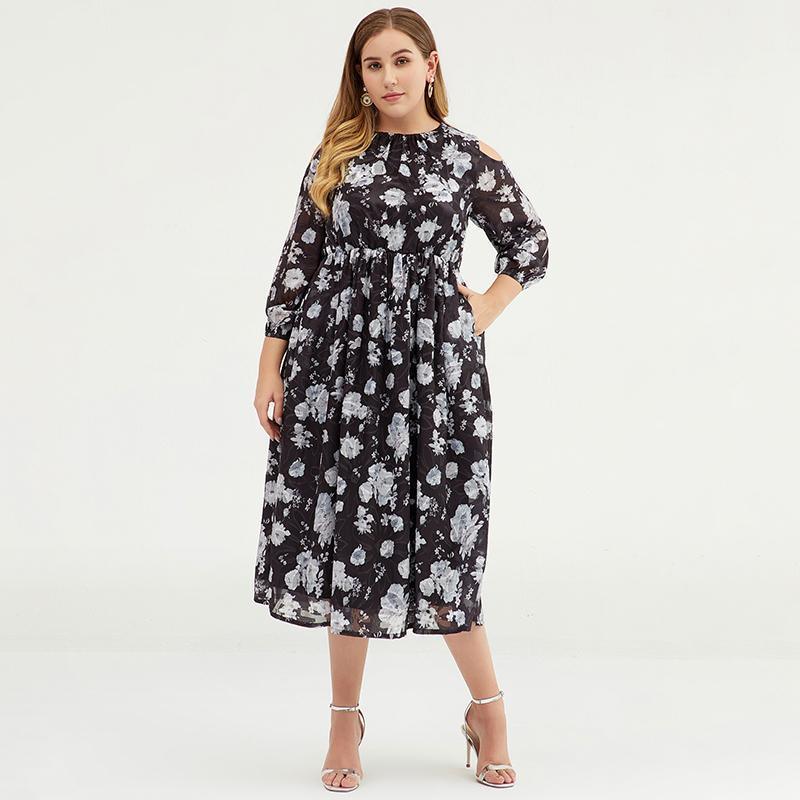 Plus Size Women Cold Shoulder Floral Chiffon Maxi Dress - Omychic