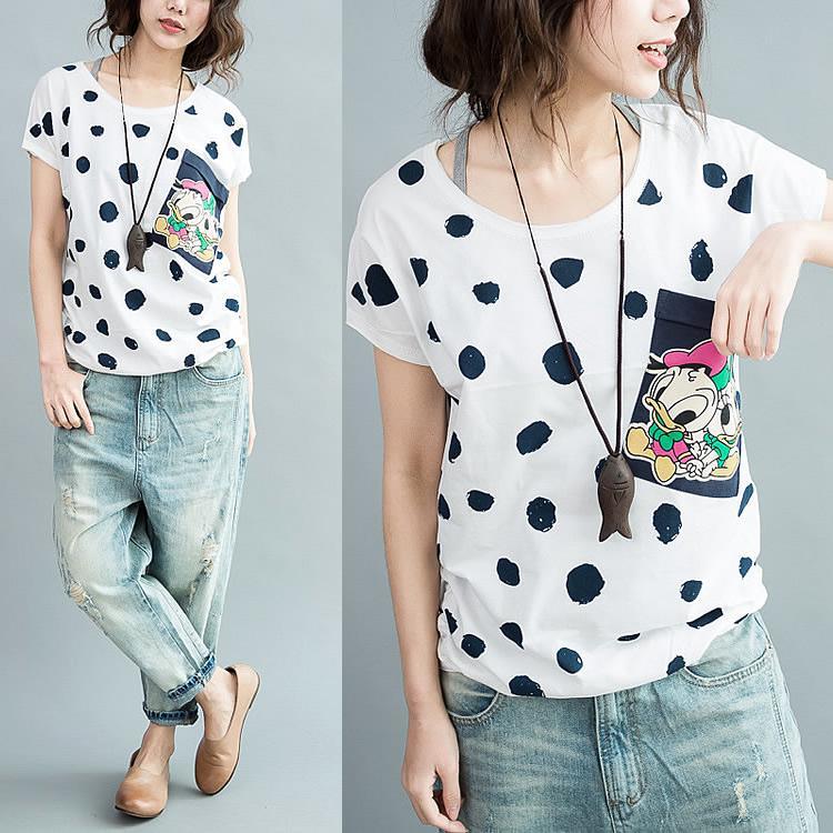 Plus size Cotton T shirts dotted cotton blouses casual style in white - Omychic