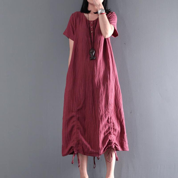 Plus size burgundy linen long sundress causal summer linen dresses drawstring at the hem - Omychic