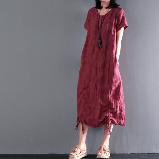 Plus size burgundy linen long sundress causal summer linen dresses drawstring at the hem - Omychic