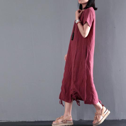 Plus size burgundy linen long sundress causal summer linen dresses drawstring at the hem - Omychic
