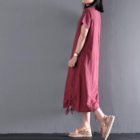 Plus size burgundy linen long sundress causal summer linen dresses drawstring at the hem - Omychic
