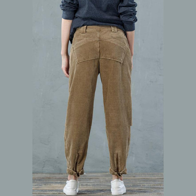 Plus size cotton pants yellow corduroy crop pants trousers - Omychic