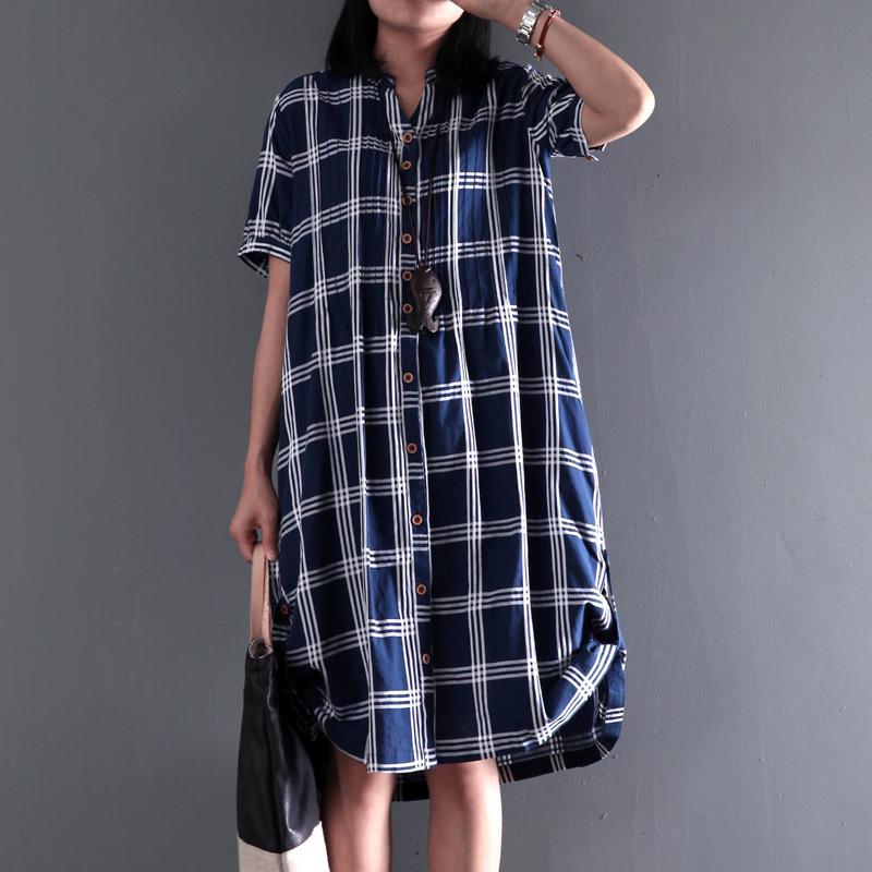 Plus size cotton sundress plaid summer shift dresses long blouse short sleeve - Omychic