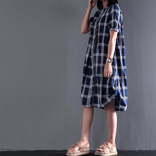 Plus size cotton sundress plaid summer shift dresses long blouse short sleeve - Omychic