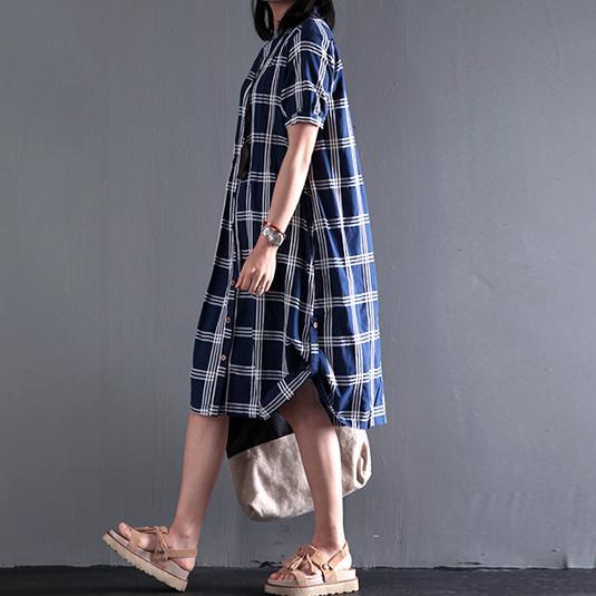 Plus size cotton sundress plaid summer shift dresses long blouse short sleeve - Omychic