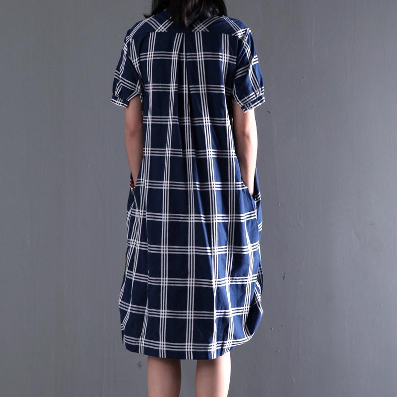 Plus size cotton sundress plaid summer shift dresses long blouse short sleeve - Omychic