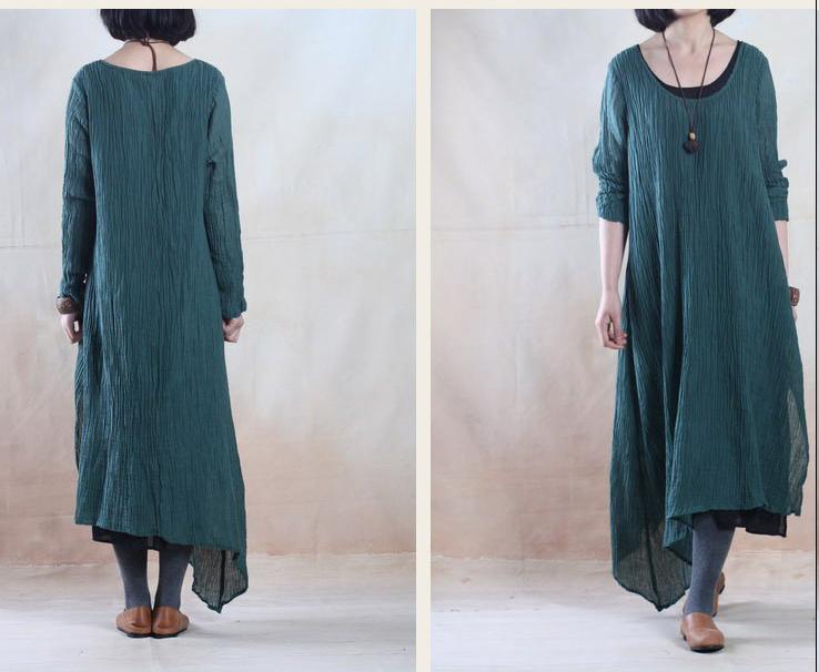 Plus size dark green long linen dress causal holiday spring dresses - Omychic