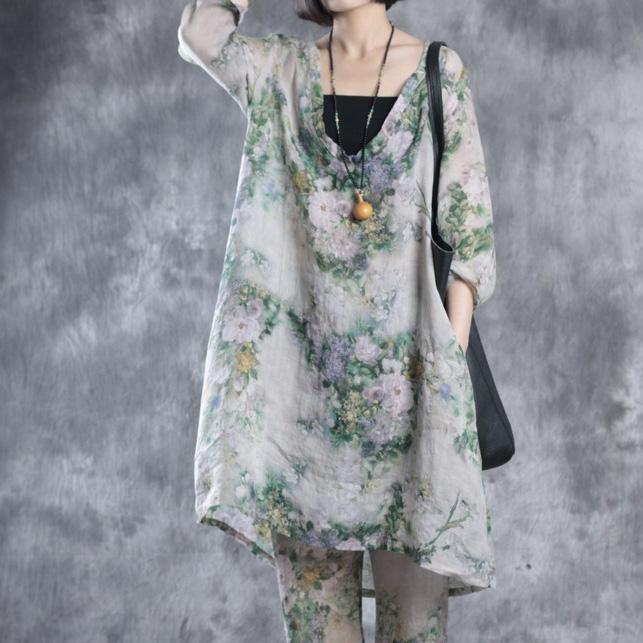 Plus size floral linen dresses V neck oversize caftans maxi dress - Omychic