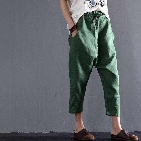 Plus size green women linen summer pants pockets crop pants - Omychic