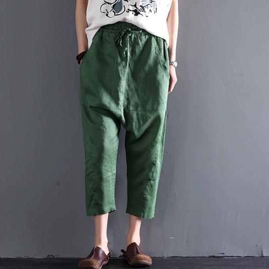 Plus size green women linen summer pants pockets crop pants - Omychic