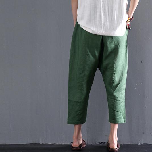 Plus size green women linen summer pants pockets crop pants - Omychic
