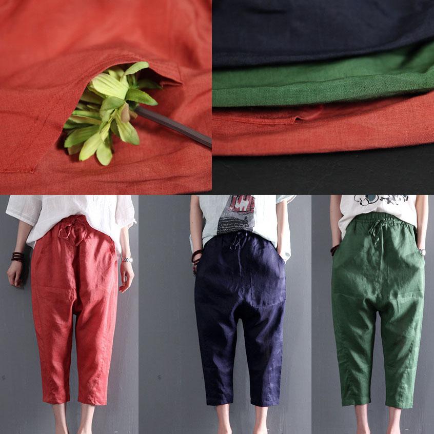 Plus size green women linen summer pants pockets crop pants - Omychic