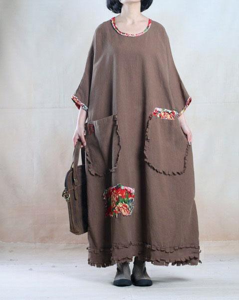 Plus size khaki caftan linen dress maxis long linen sundress - travel alone - Omychic