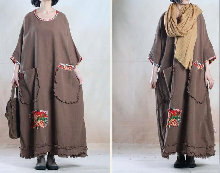 Plus size khaki caftan linen dress maxis long linen sundress - travel alone - Omychic