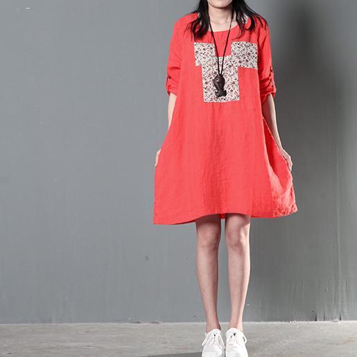 Plus size orange cotton shift dresses summer linen shirt dress sundress - Omychic